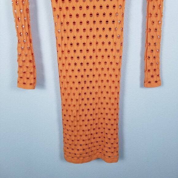 Maisie Wilen Orange Laser-Cut Perforated Orange Midi Bodycon Dress One Size - Picture 9 of 14